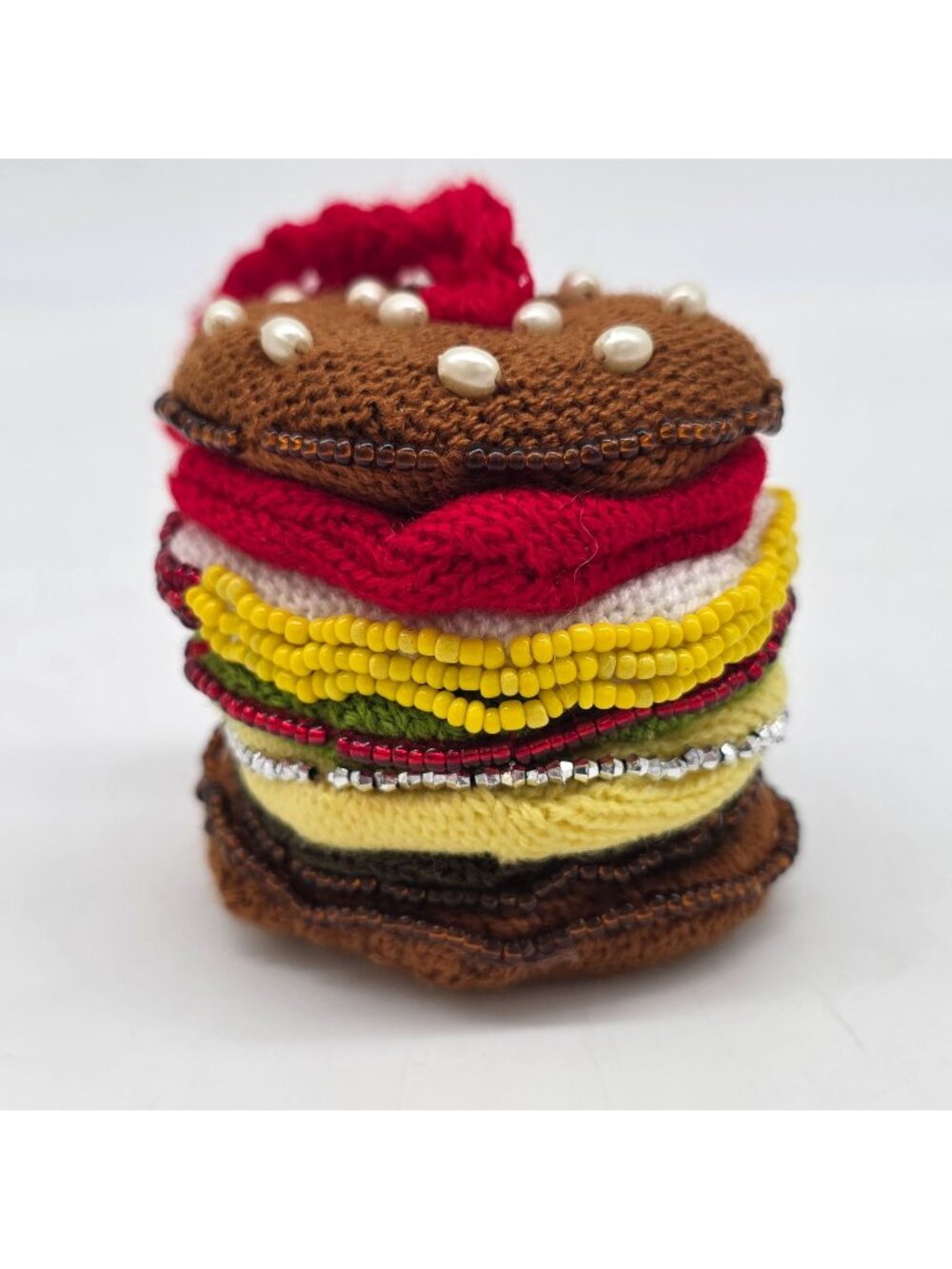 Knitted Beaded Hamburger Ornament Colorful Layers & Pearl Accents 3"